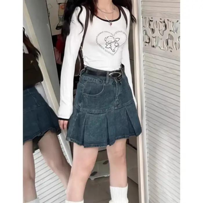 Jupe-short en jean bleu délavé vintage pour femme
