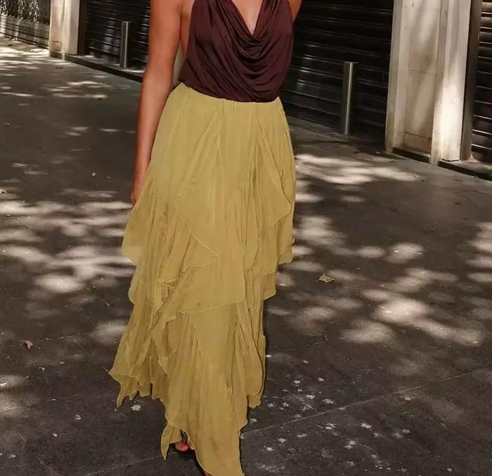 KONDALA Vintage plissé solide vert élégant femme jupes longues mode 2025 été a-ligne taille élastique plis Chic Mujer