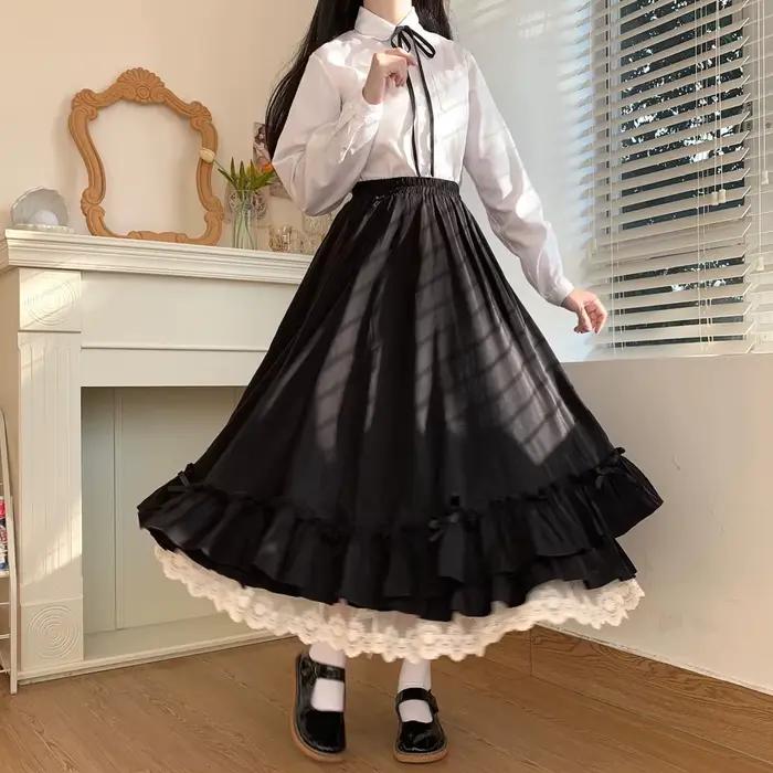 Jupe femme Vintage français élégant à volants Double couche demi-jupe Lolita jupes longues femmes mode 2023 a-ligne
