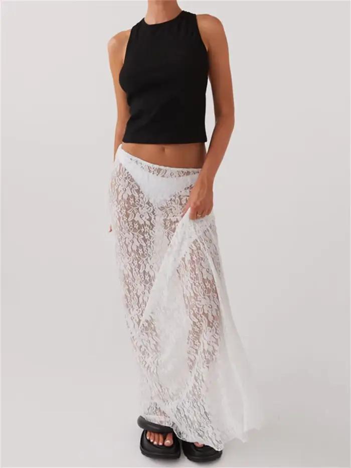 Jupe en dentelle polyester pour femmes, style Y2K, coupe régulière, longueur cheville, élégante, soirée sur la plage, été