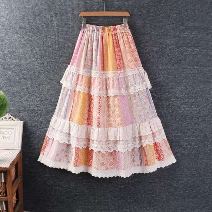 Doux Mori fille Vintage imprimé fleuri dentelle Patchwork à volants jupes femmes été taille élastique décontracté ample