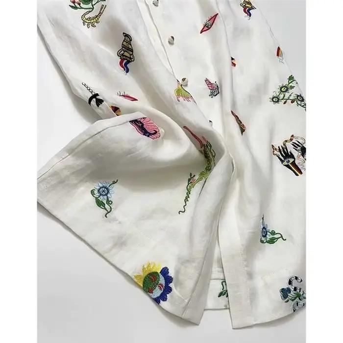 Jupe trapèze en lin doux beige pour femmes, décontractée, imprimée amusante, bouton avant, coupe trapèze, silhouette harmonieuse, été printemps, ajustement lâche, longueur mini, marque LDKVGSU