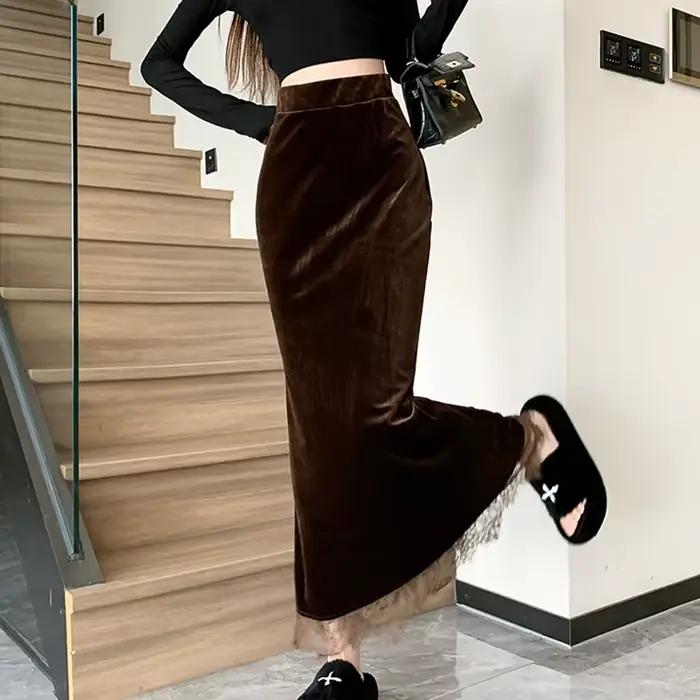 Jupe en velours polyvalente pour femmes, style Y2K, streetwear coréen, silhouette trompette, dentelle, saison automne-hiver, confort, occasions spéciales