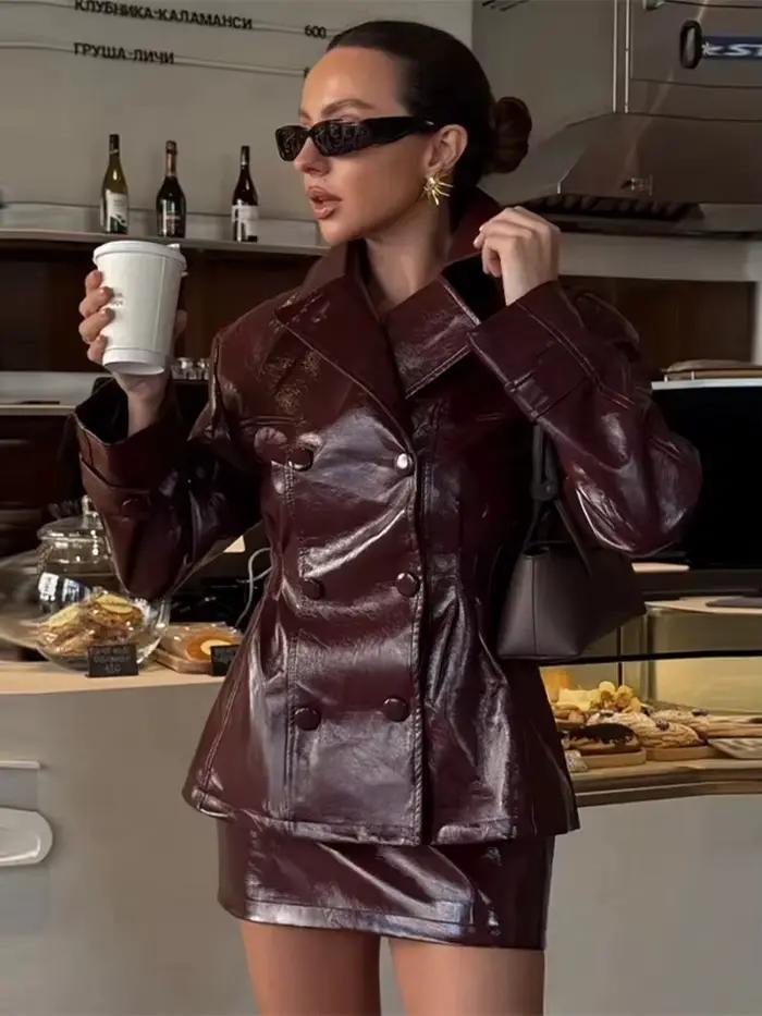Ensemble jupe en cuir PU pour femmes