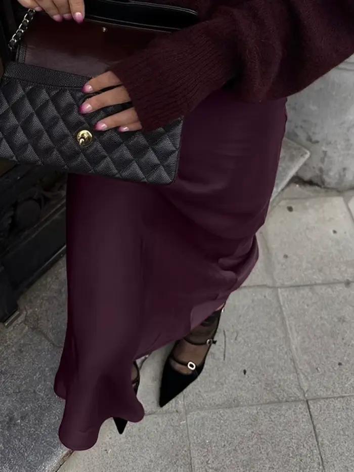 Bourgogne Satin mince jupes longues femmes été nouvelle taille haute fermeture éclair élégant a-ligne Faldas Streetwear mode Vintage jupe Midi