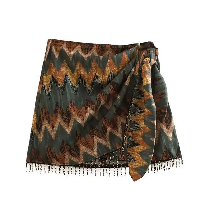 Femmes Vintage imprimé géométrique noué Mini jupe Sarong Faldas Mujer femme perles gland décontracté fermeture éclair robes