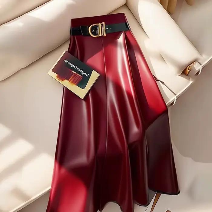 Jupe mi-longue en cuir PU rouge pour femmes