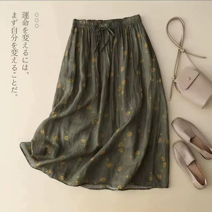 Jupe longue vintage imprimée en coton et lin