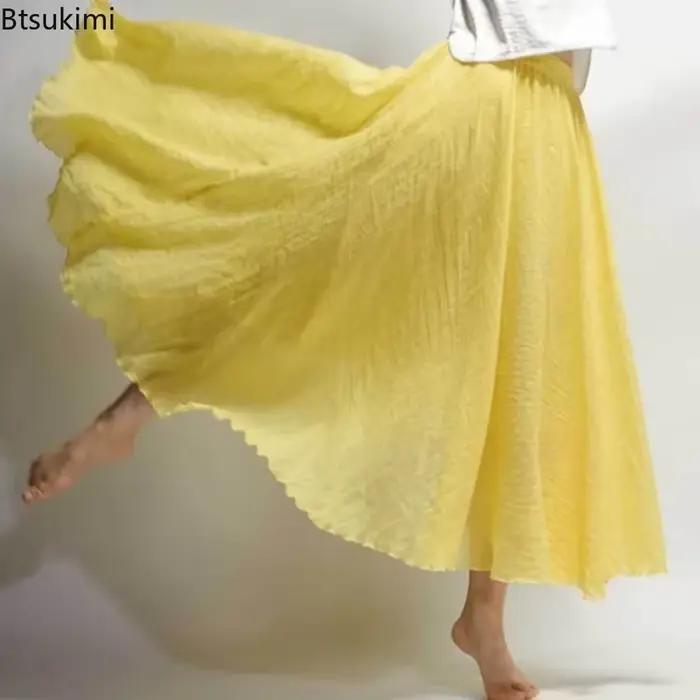 Nouvelles femmes d'été Vintage coton lin jupe solide élastique taille haute tout Match jupes Maxi Style Boho