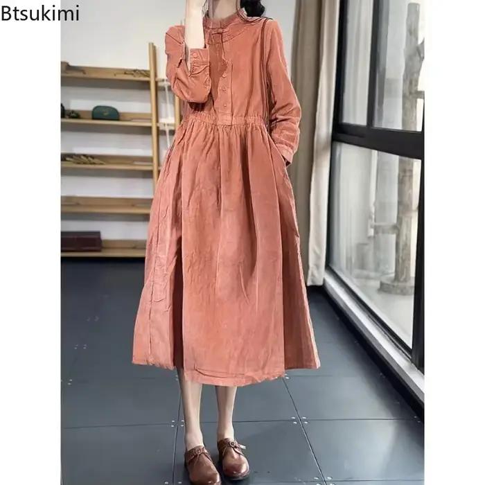 Robe mi-longue en velours côtelé pour femmes