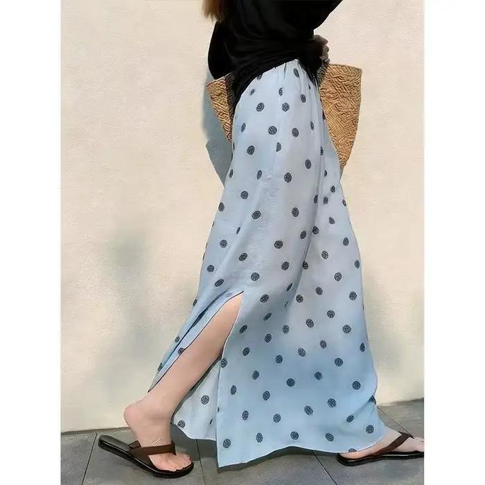 Jupe longue de plage élégante à imprimé pois bleus avec fente pour station balnéaire femmes printemps été