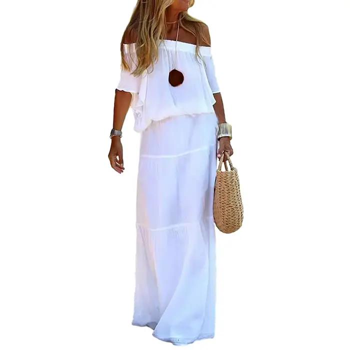 Robe bohème blanche chic et élégante col en V à lacets cover-up pour femmes maxi vêtements de plage vacances été 2023