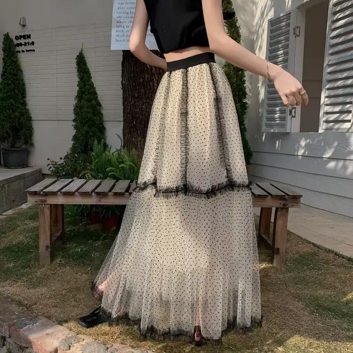 Jupe mi-longue à pois à volants française élégante en polyester pour femmes junior style doux pour toutes les saisons occasions spéciales