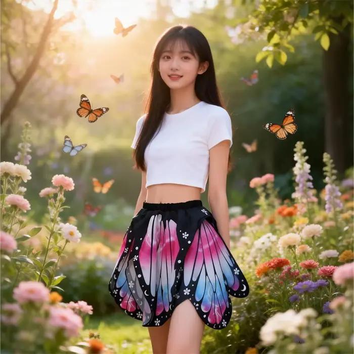 Jupe plissée irrégulière taille haute fantaisie à imprimé papillon et pétales pour femme