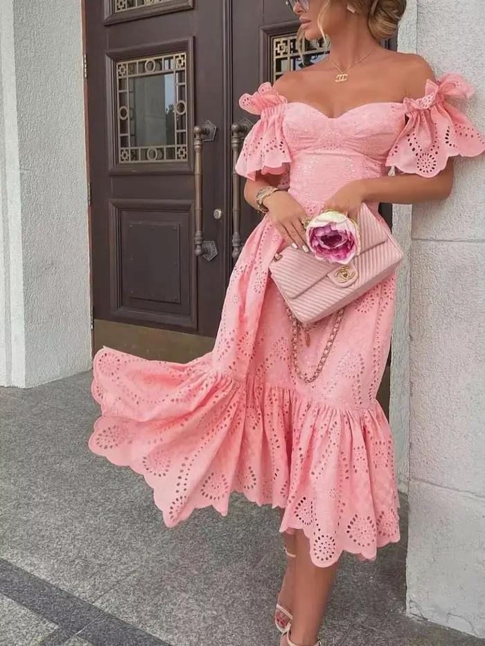 Robe mi-longue pour femmes, épaules dénudées, points solides, épissure Sexy, serrée, taille haute, col en V, ligne A, élégante, Slim Fit