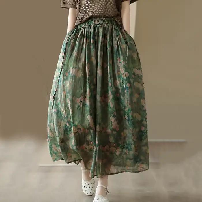 Jupe longue imprimée Vintage en polyester et coton, motif floral, taille élastique, style décontracté, fluide, littéraire, artistique, pour femmes, toutes saisons, occassions spéciales