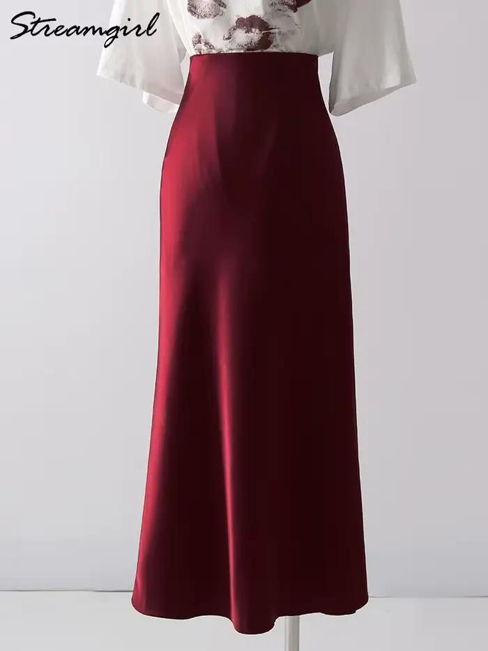 Jupe Longue Fendue en Satin Noir pour Femme Élégante Ligne A Bureau Printemps Été Occasions Spéciales Taille Empire Style Décontracté