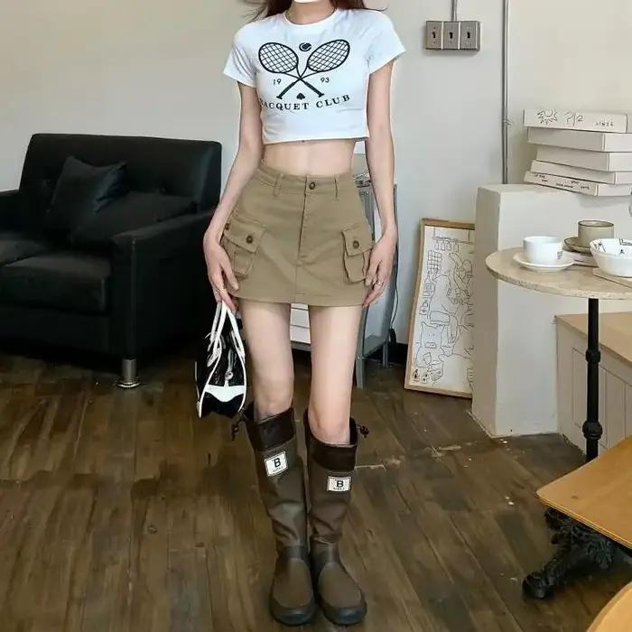 Jupe courte en jean kaki pour femme