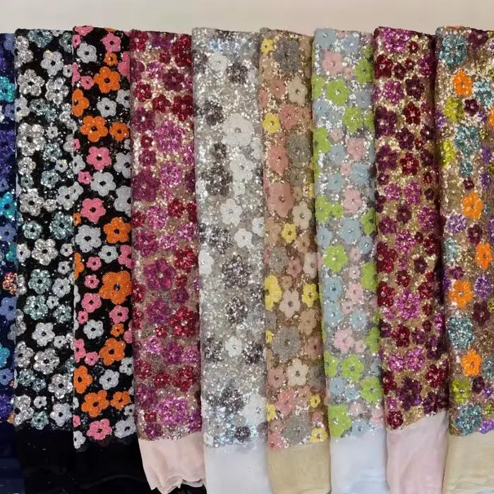 Tissu en maille brodé de perles motif fleur de prunier pour la confection de jupes