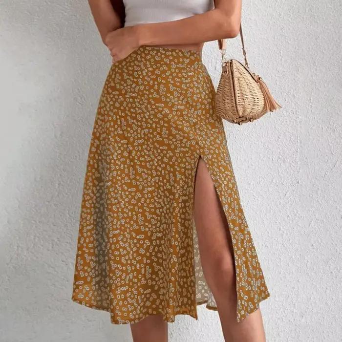 Jupe mi-longue taille haute à imprimé floral pour femmes