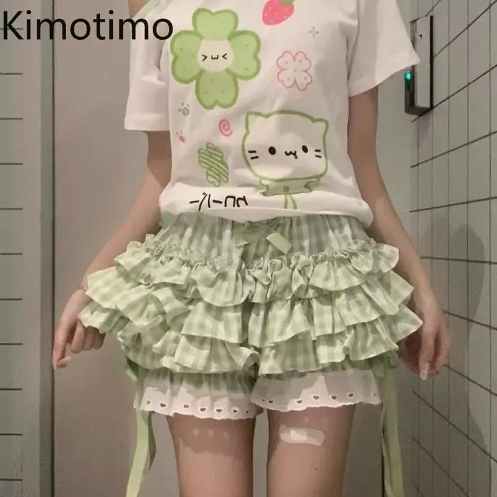 Jupe et Short à Carreaux Verts Femme Style Kawaii Polyvalent Occasions Estivales Japonais Mince Taille Élastique