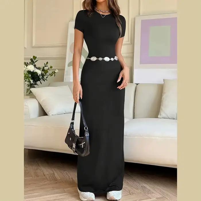 Robe T-shirt longue ajustée élastique pour femmes, décontractée, solide couleur, ajustée mince, col rond, manches courtes, adapté aux vacances et événements festifs