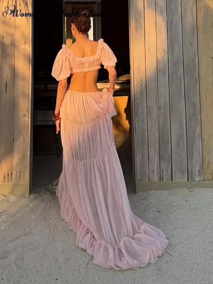 Ensemble haut court à volants et jupe longue plissée pour femme
