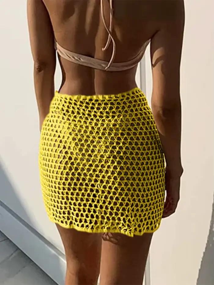 Femmes jupe de plage évidé solide noir blanc jaune vert tricoté Mini