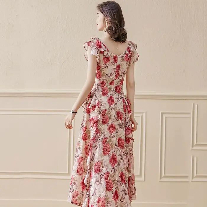 Robe florale en mousseline de soie pour femmes, nouveau Style fin, taille française, tempérament cintré, robes féeriques mi-longues à manches courtes, été