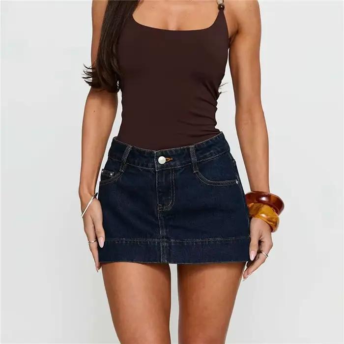 Hirigin Jupe courte en micro-denim délavé rétro pour femme