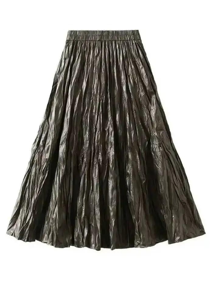 Jupe longue plissée en cuir PU pour femme