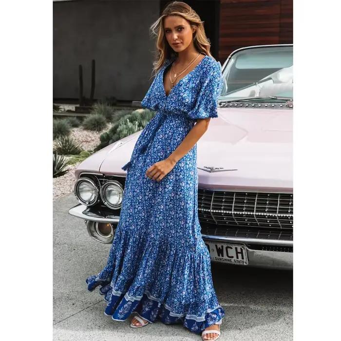 Robes Maxi en Coton Bleu Rayonne pour Femmes