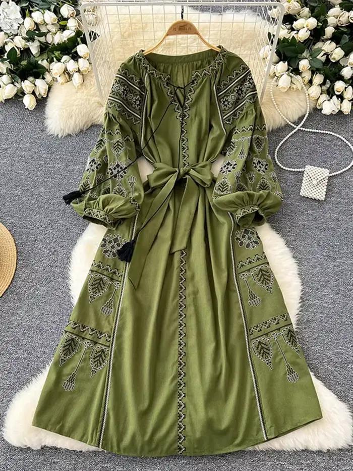 Robe Vintage de Style ethnique pour femmes, manches longues, Slim, ligne a, style Boho, en coton et lin, élégante, brodée, printemps automne