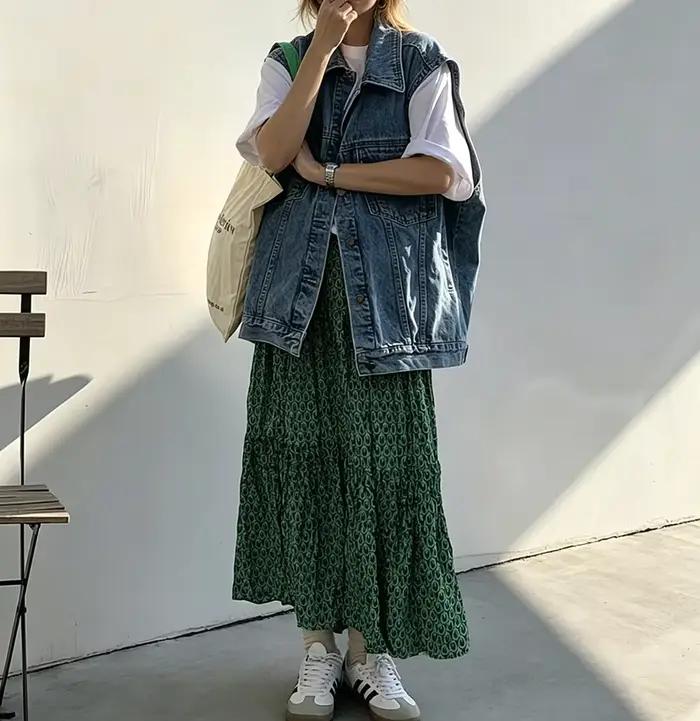 Jupe longue plissée vintage verte à imprimé géométrique pour femme