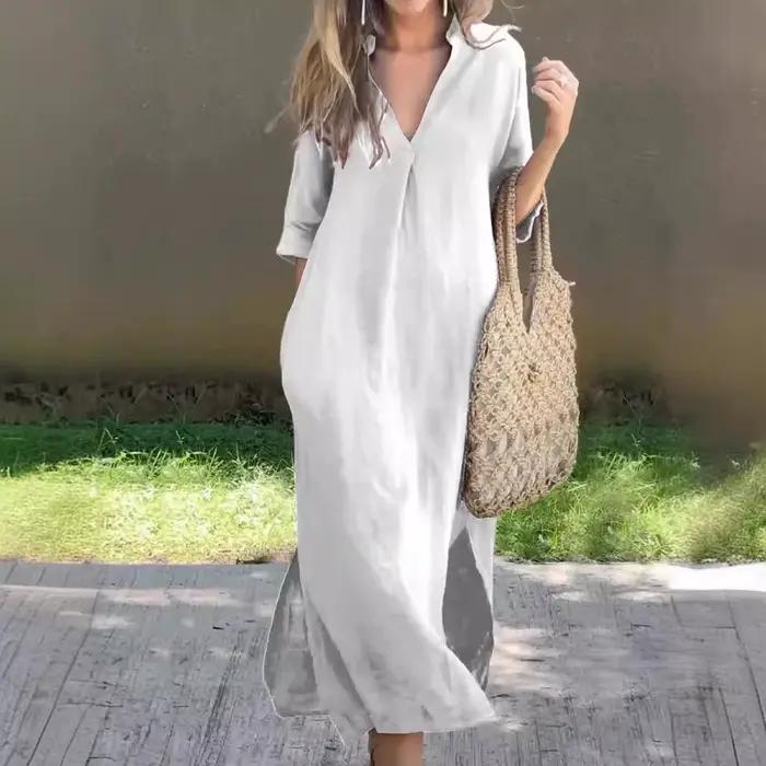 Robe longue en coton et lin à demi-manches pour femmes, robes à col en V profond, poches élégantes, à la mode, décontractées, éducatives