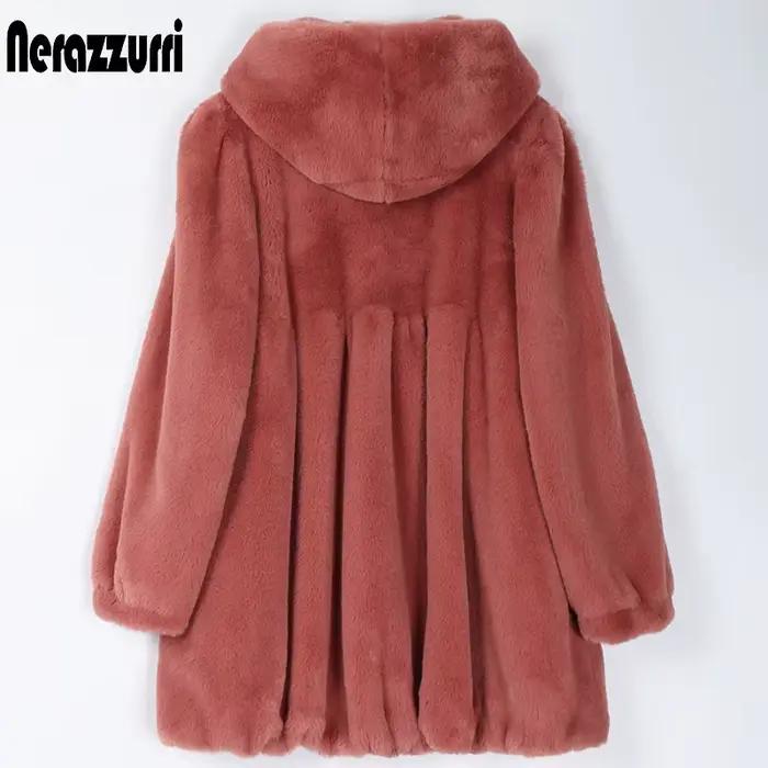 Manteau en fausse fourrure plissée Nerazzurri pour femme, veste légère et douce avec jupe à capuche, mode automne 2022, fourrure fine à la mode, taille large, design moderne, polyvalent, élégant, confortable