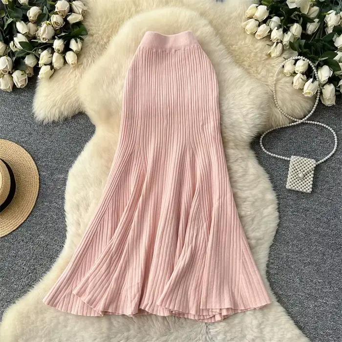 Jupe sirène tricotée française extensible, taille haute, chic et épais, pour femmes, automne hiver, tenue d'anniversaire, matériau coton polyester