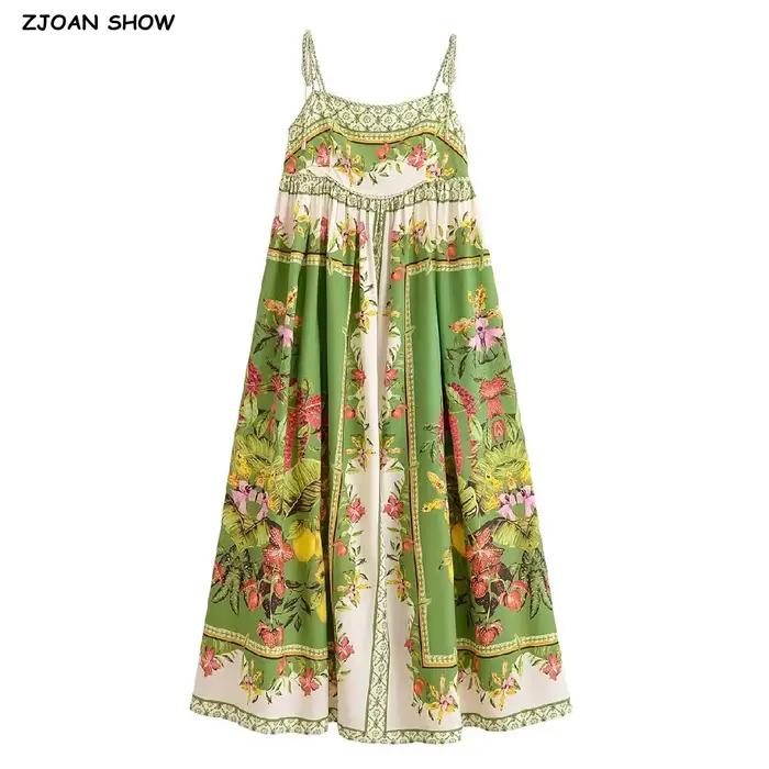 Robe longue mi-mollet bohème verte à imprimé floral contrastant avec nœud et laçage