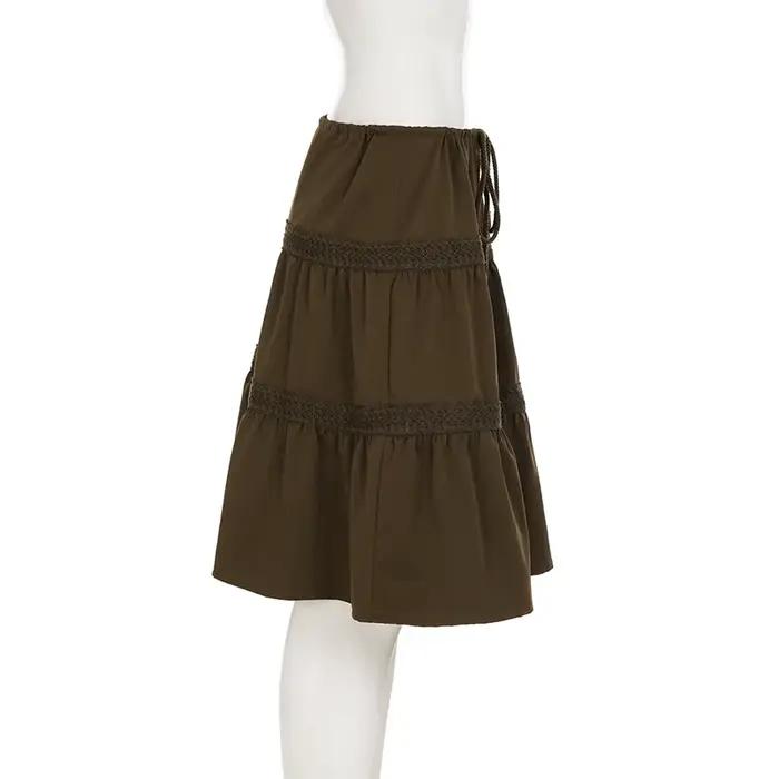 SUCHCUTE Vintage a-ligne perlée cravate-taille tissé jupe pour femme Chic marron dentelle conception mince mi-longue