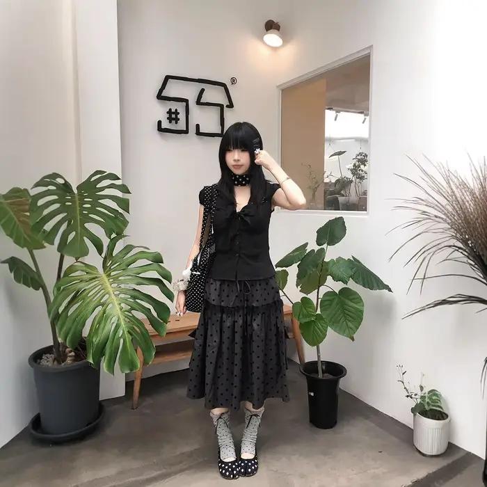 Jupe mi-longue coréenne rétro à pois pour femme