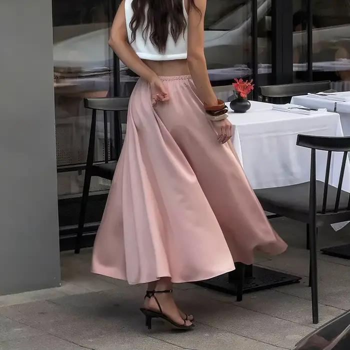Acétate Satin Maxi jupe a-ligne flux taille haute élégant habillé jupe décontractée luxe fluide tissu automne hiver jupe 2025