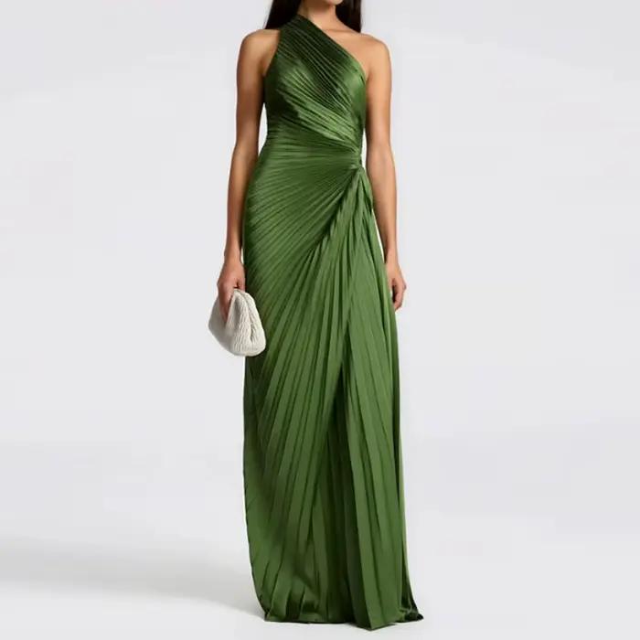 Robe de soirée asymétrique plissée verte