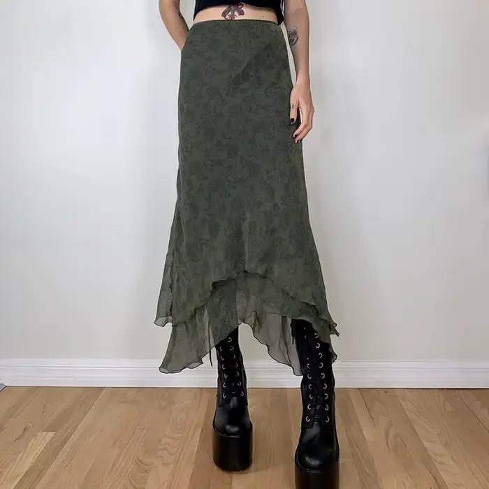 Fairycore-Jupe mi-longue en mousseline de soie à volants taille haute pour femme