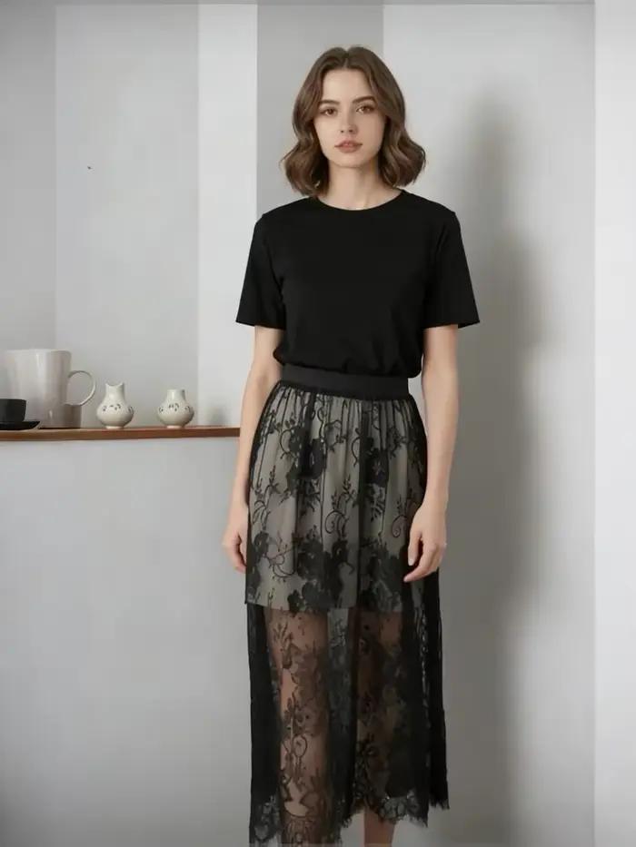 Jupe longue en tulle transparente et élégante en dentelle sexy