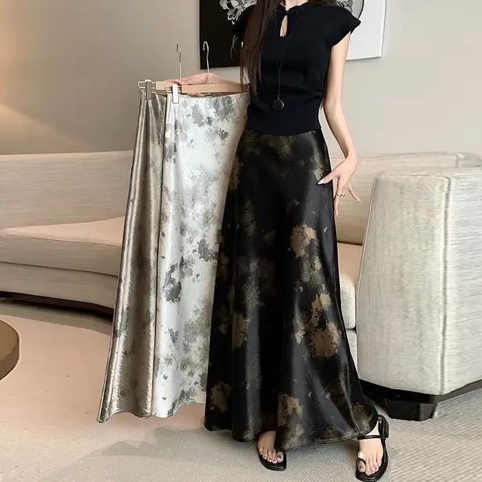 Jupe sirène en satin imprimée vintage taille haute pour femme