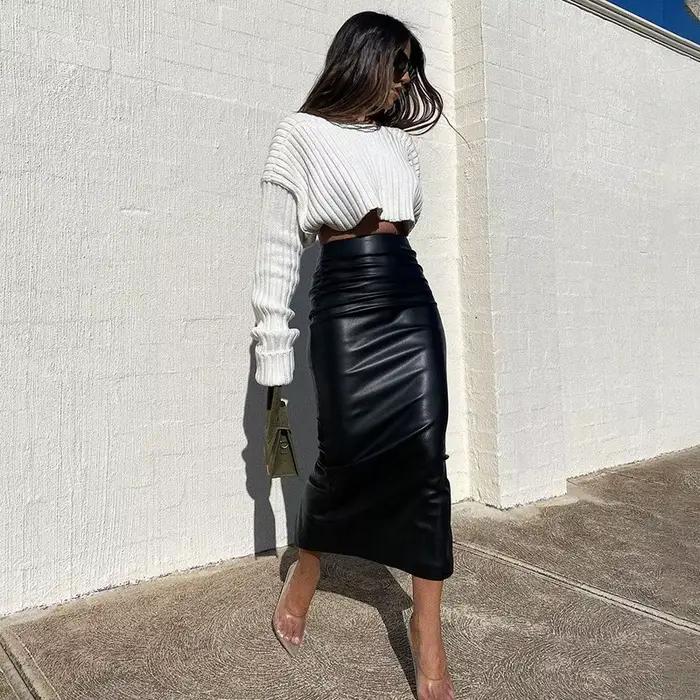 Jupe mi-longue en faux cuir PU pour femmes, style Y2K, coupe haute et mince, longueur cheville, polyester, plis élégants, soirée et cérémonie, noir et blanc, printemps automne