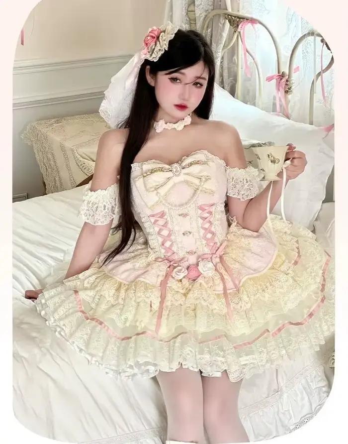 Ensemble de jupe rose Lolita originale pour filles
