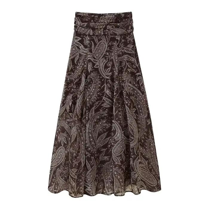 Jupe longue plissée à volants pour femmes, style vintage chic, décontractée, polyester, coupe régulière, longueur cheville, pour soirées et occasions spéciales
