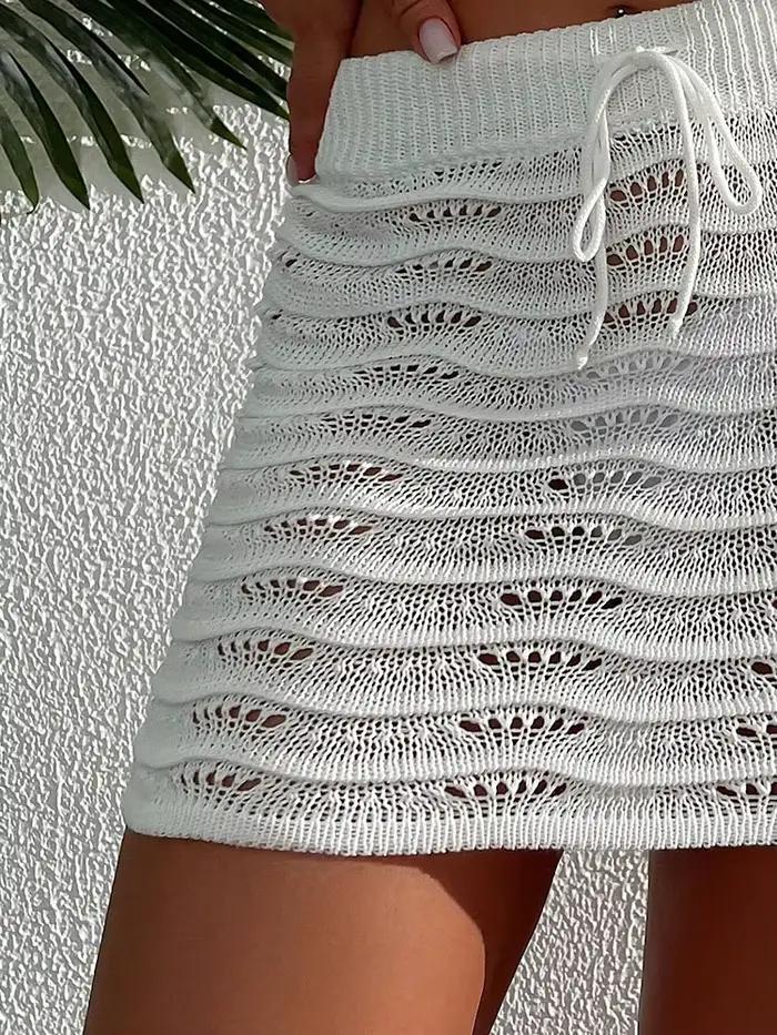 Mini-jupe blanche tricotée pour femme, taille haute, ajourée, en dentelle crochetée, idéale pour la plage, la piscine, les fêtes, les vacances, tenue décontractée