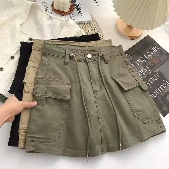 Mini-jupe en jean rétro taille haute avec cordons de serrage des deux côtés pour femme – Collection Automne 2025 – Design polyvalent et tendance